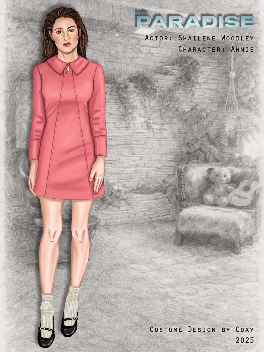 Coxy's sketch of Annie's (Shailene Woodley) Priscilla dress for "Paradise" season two.