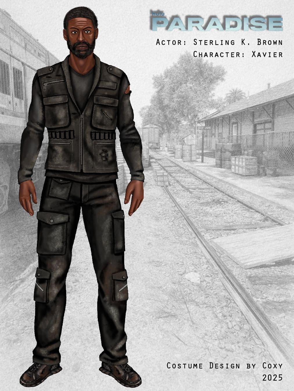Coxy's sketch of Xavier's (Sterling K. Brown) costume for the finale of "Paradise" season two.