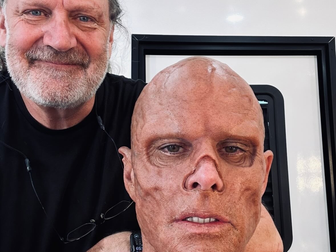 Jake Garber and Walton Goggins during the actor's lengthy transformation process.