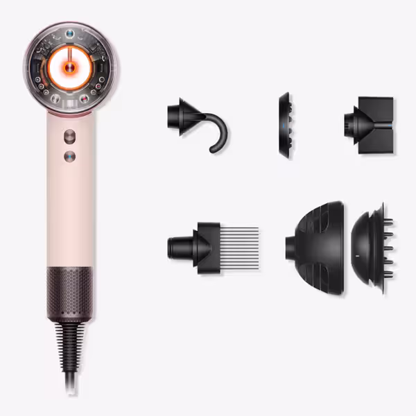 All of the parts of the Supersonic Nural Hair Dryer laid out on a white background 
