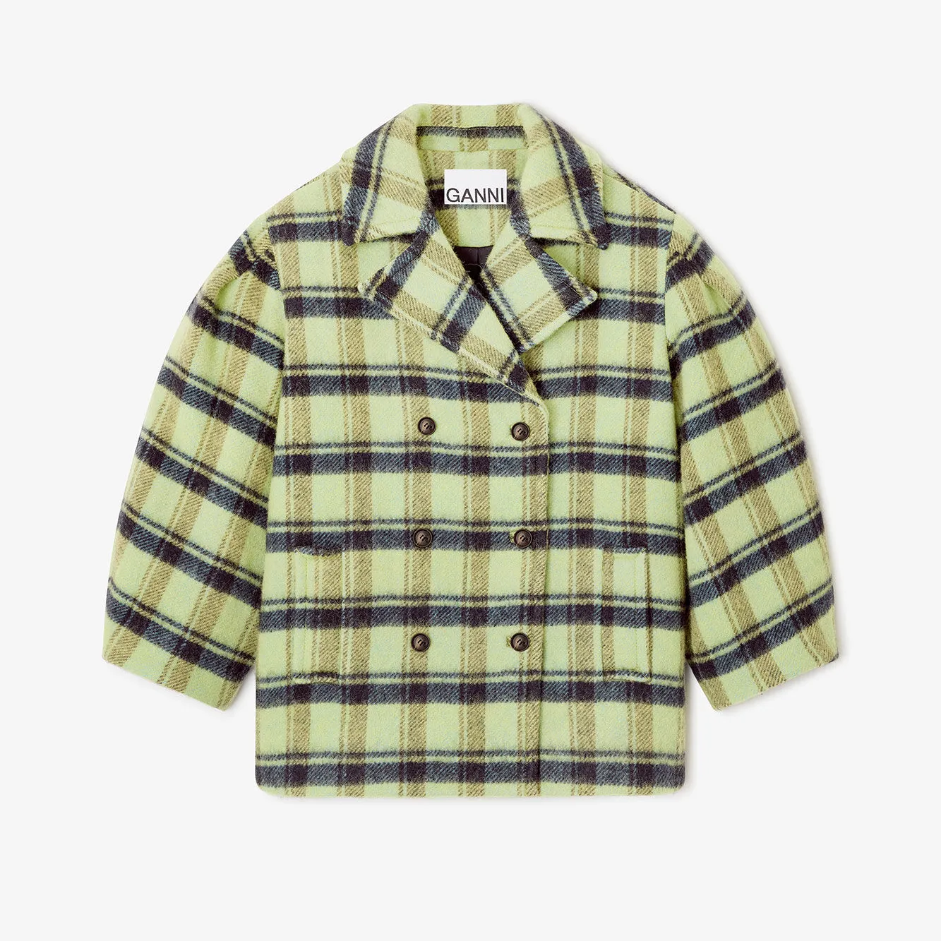 A green-and-blue plaid oversized wool jacket from Ganni against a white background 