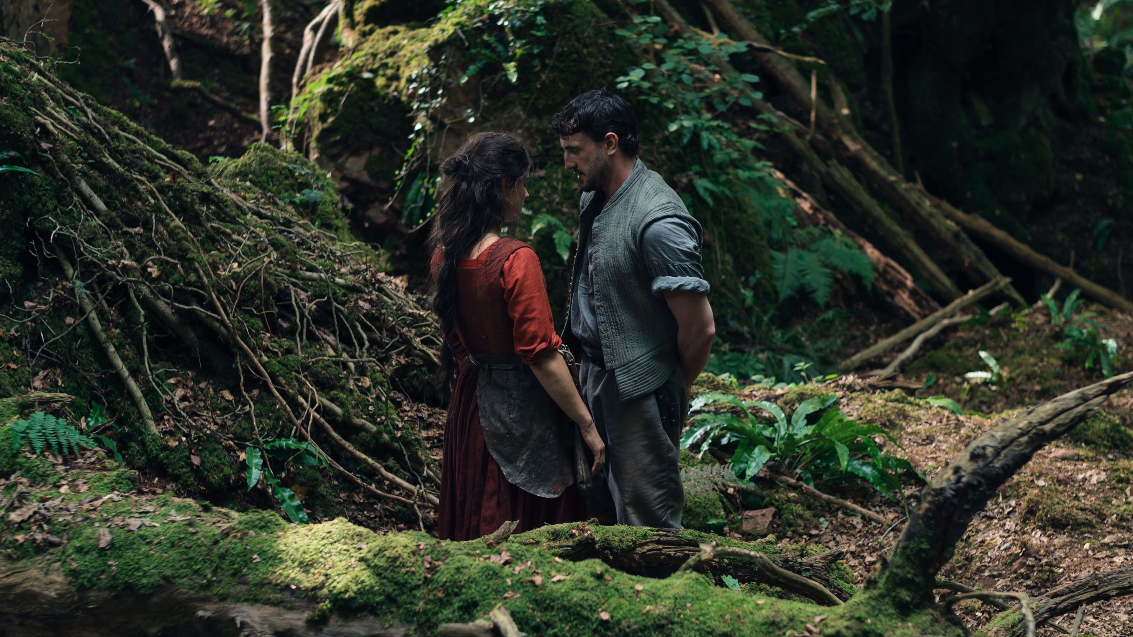 Actors Jessie Buckley and Paul Mescal standing in the woods in a still from "Hamnet." 
