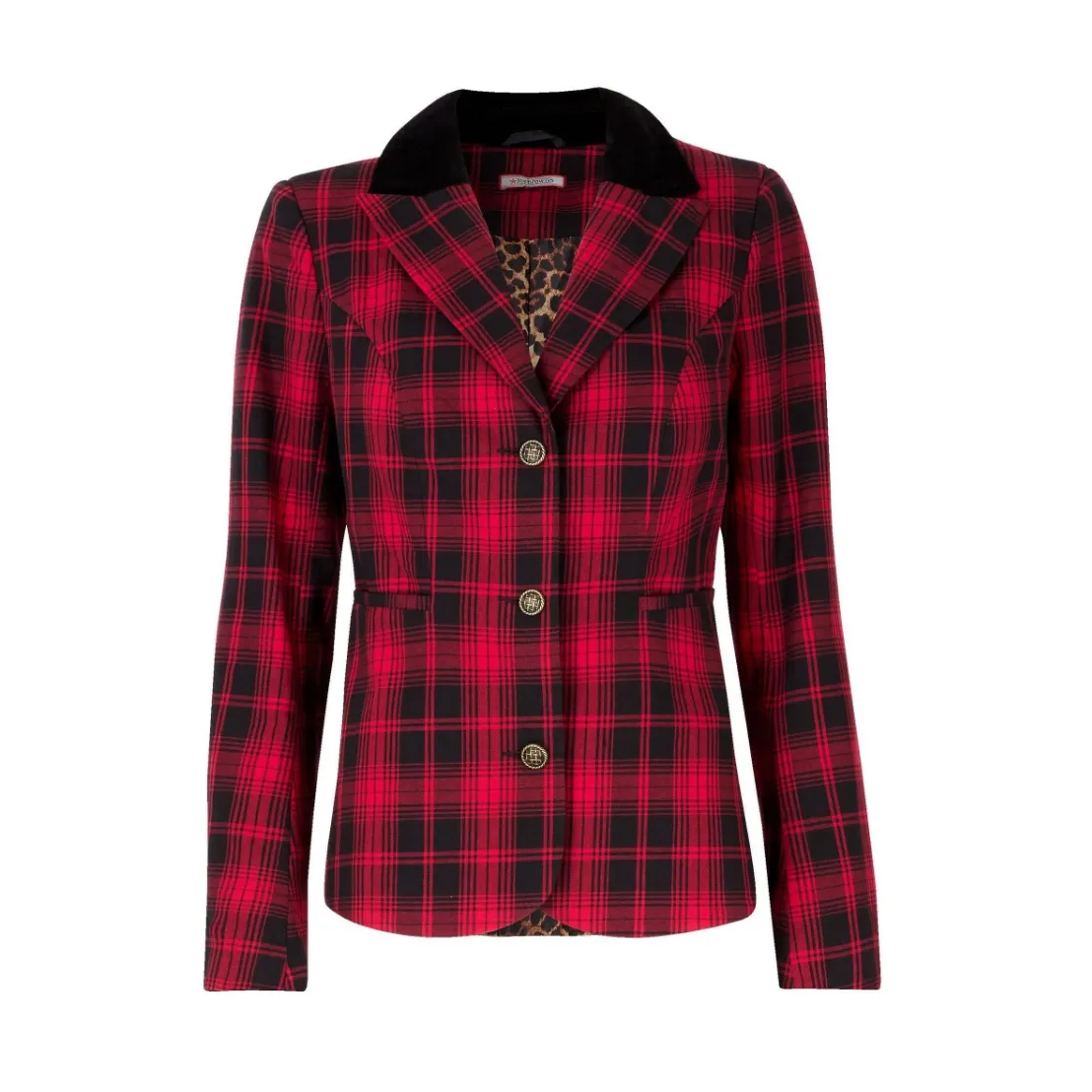 A black-and-red plaid Joe Brown's woman's blazer against a white background 