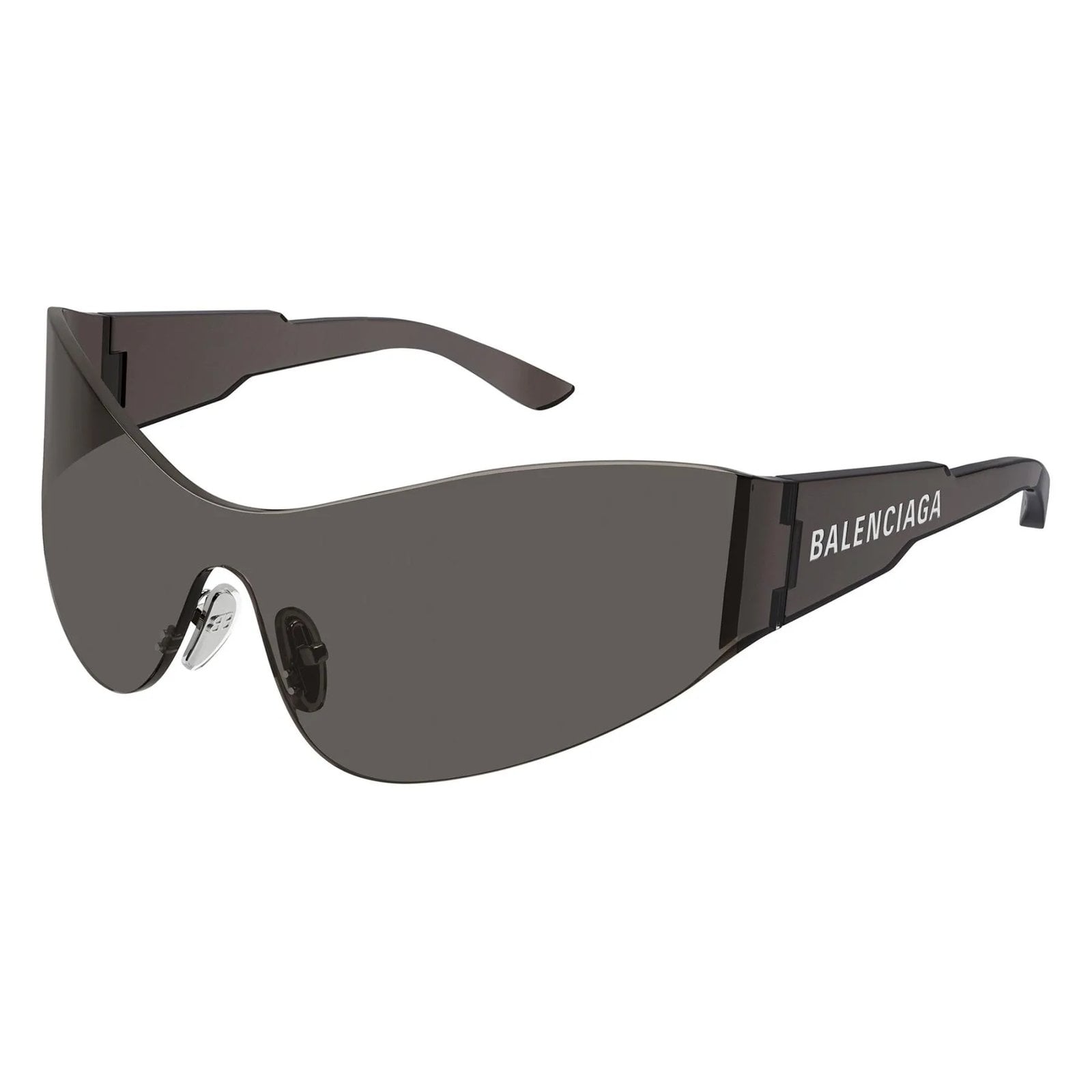 The Balenciaga 99MM Mono Mask Rimless Sunglasses against a white background