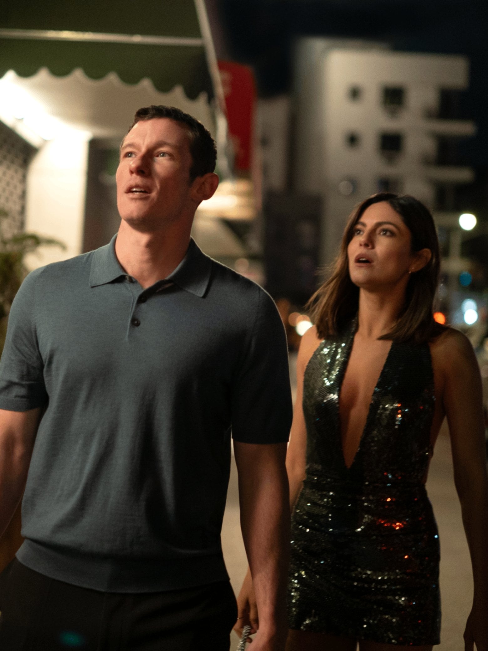 Callum Turner and Monica Barbaro in "One Night Only."