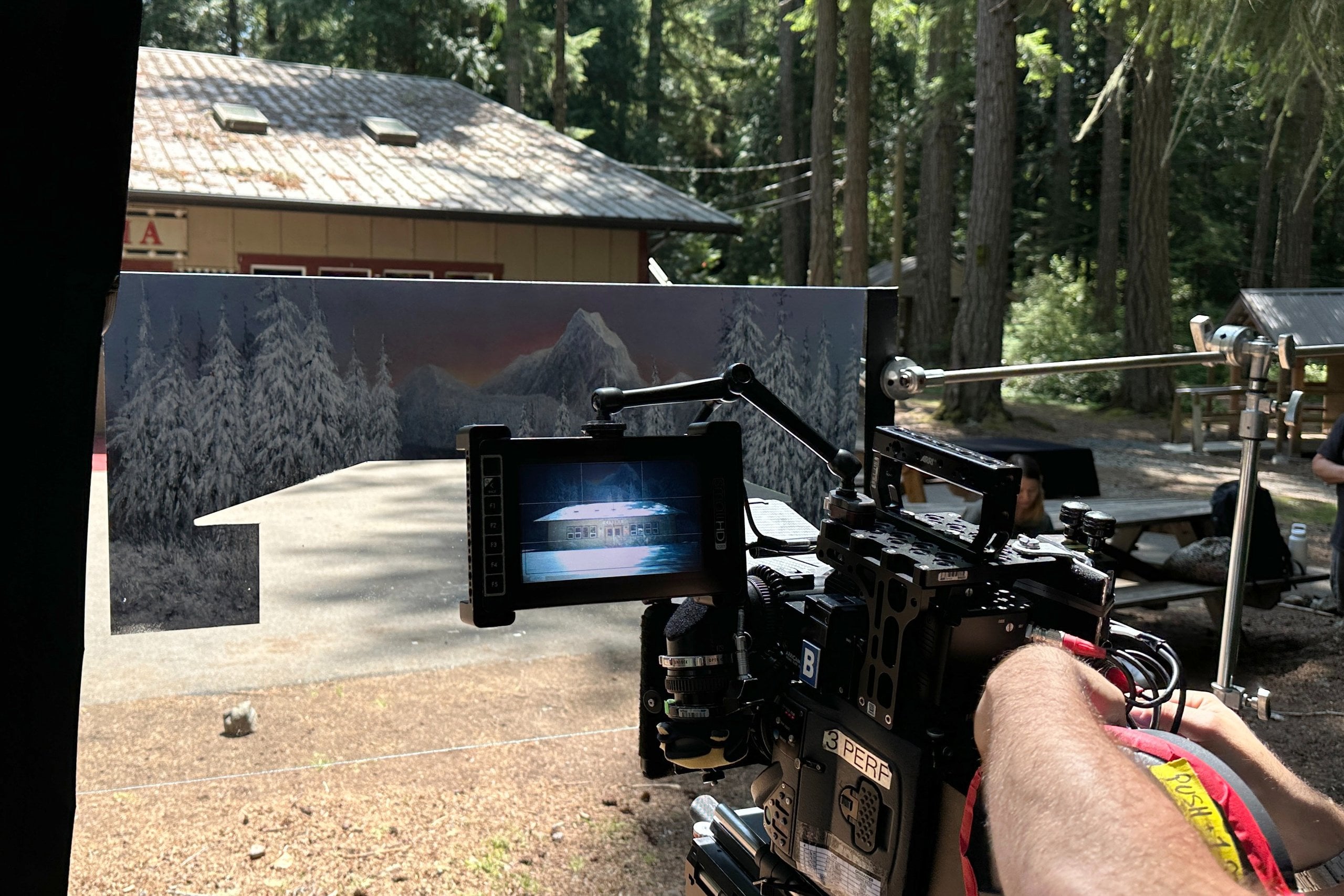 What the hand-painted glass panels looked like on set.