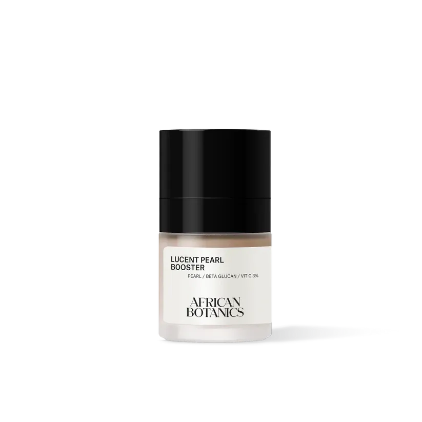 A closed bottle of African Botanics Lucent Pearl Booster against a white background.