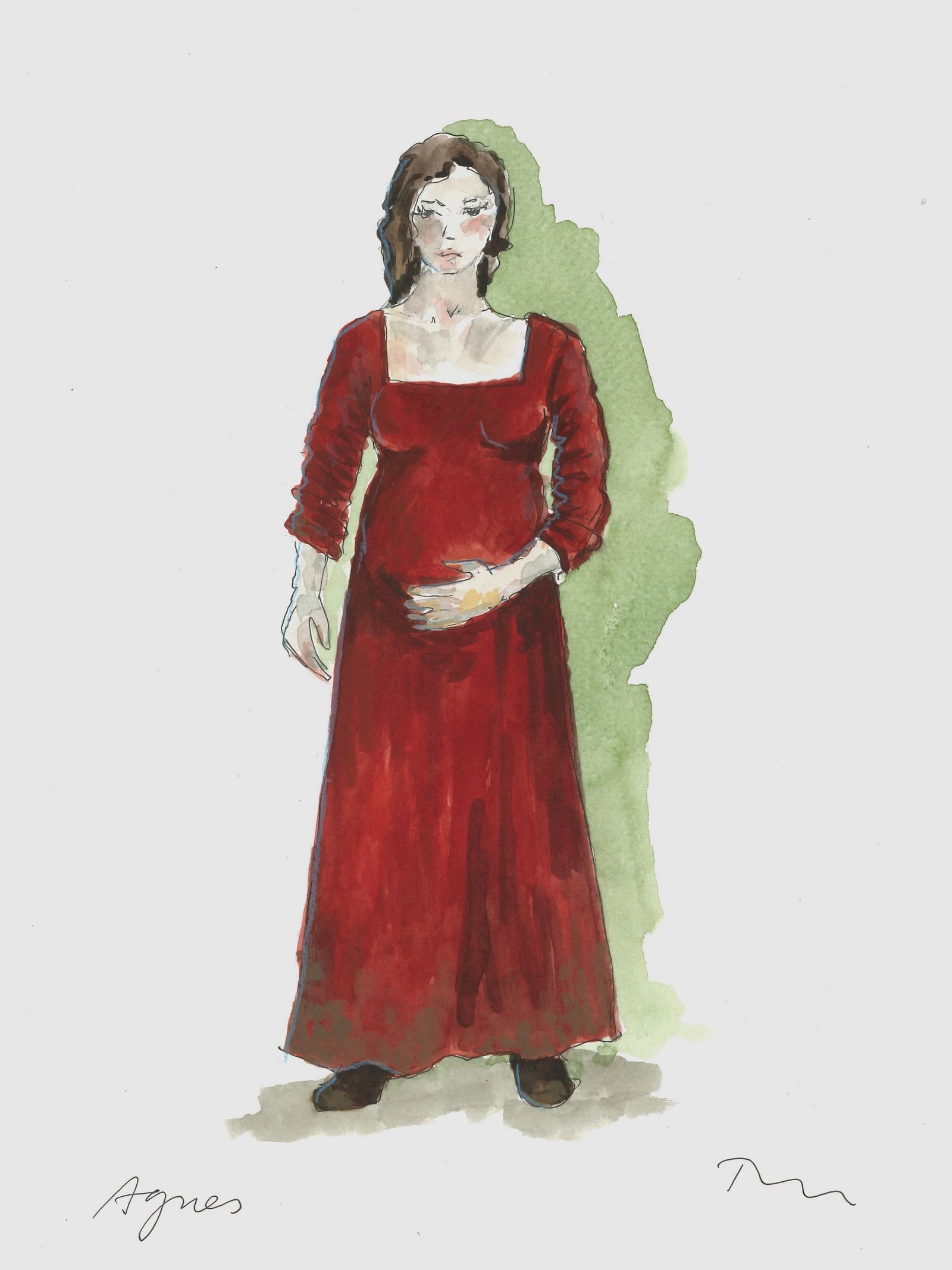 A sketch of Agnes in her red dress while pregnant with Susanna.
