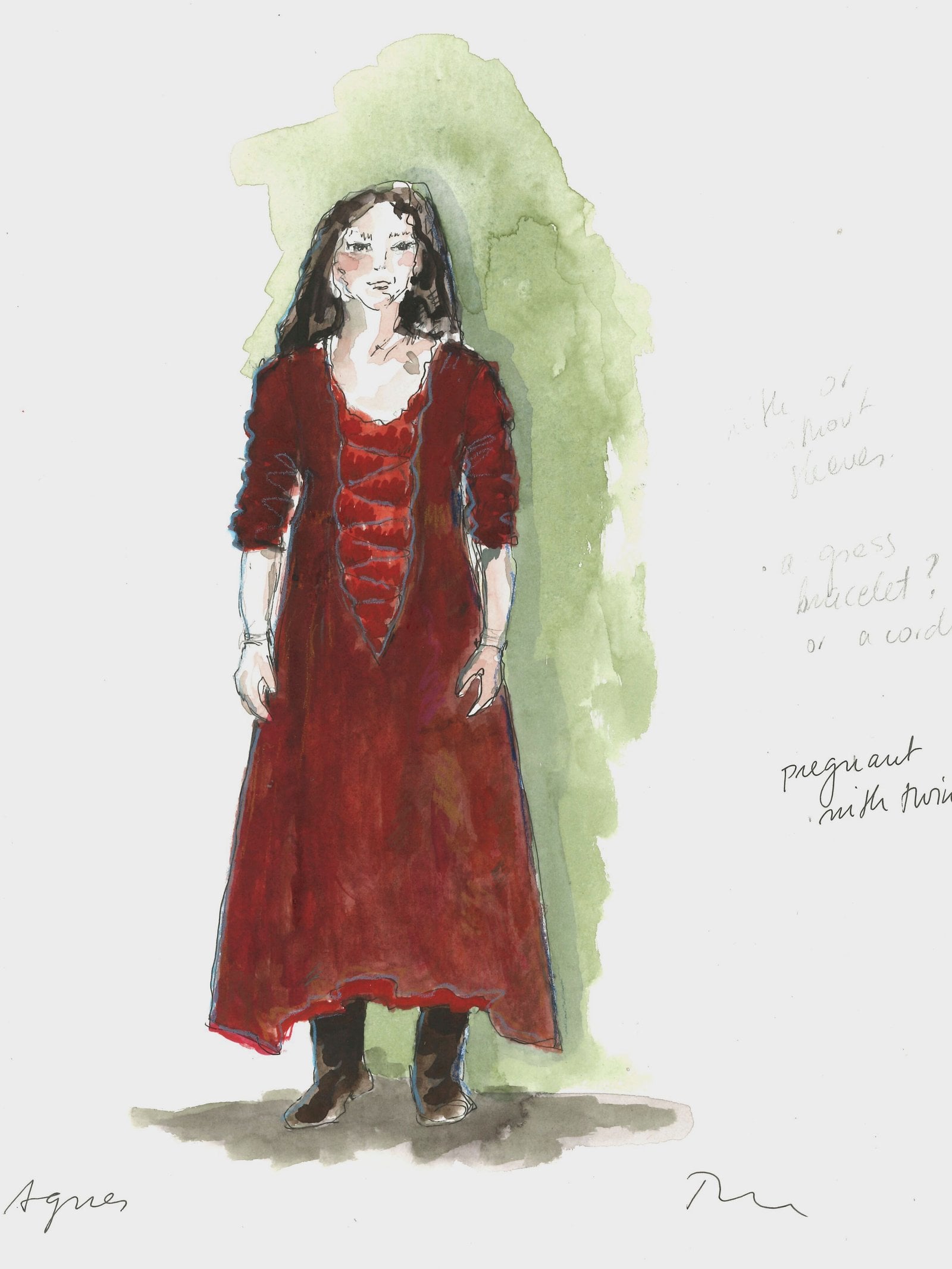 A sketch of Agnes in her red dress while pregnant with twins Hamnet and Judith.