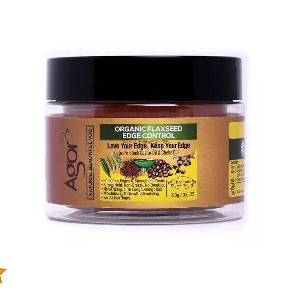 A jar of the Agor Organic Flaxseed Edge Control against a white background