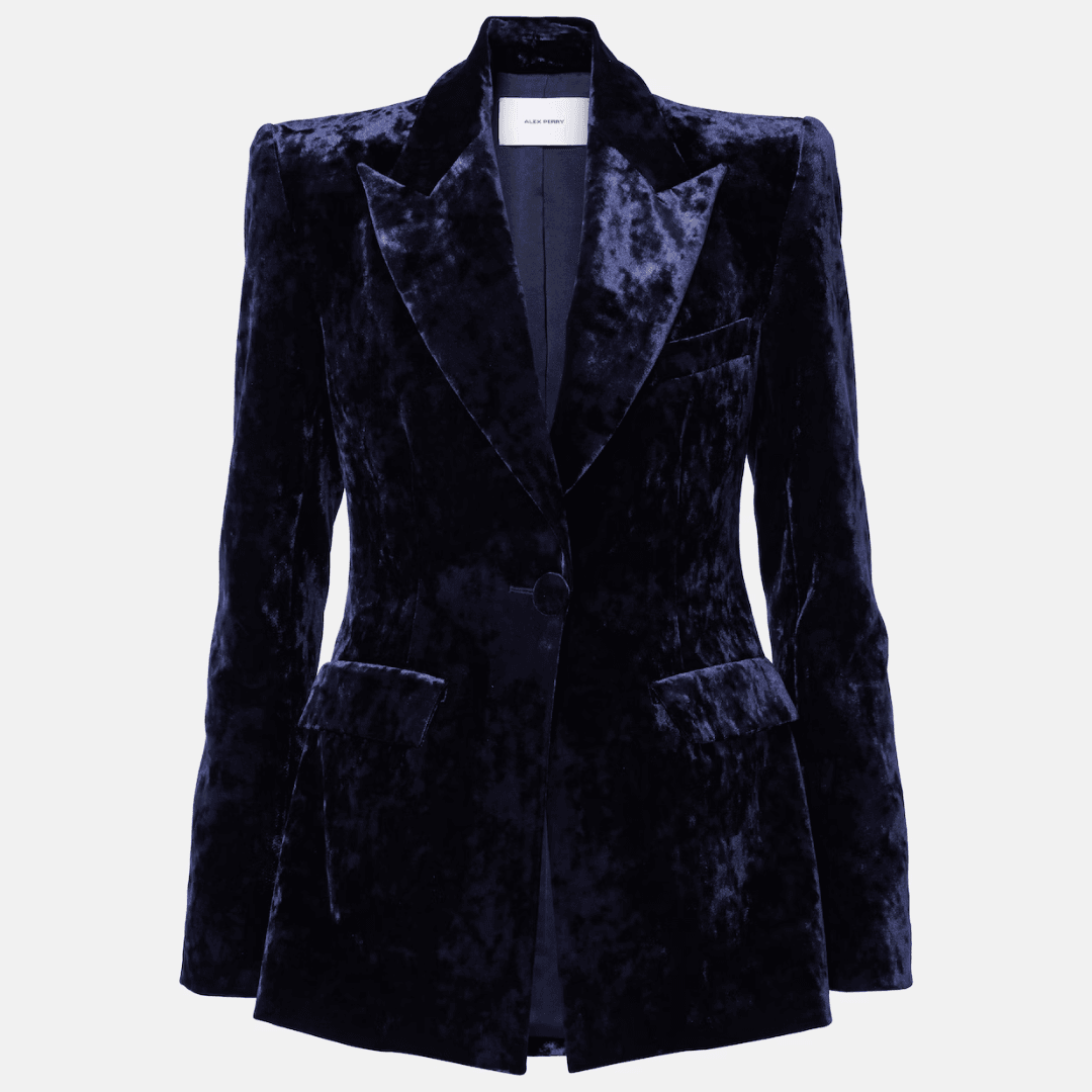 Alex Perry Velvet Blazer in a midnight blue color against a white background