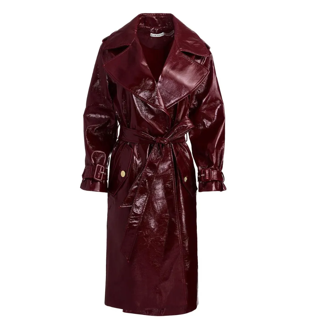 Alice + Olivia Nevada trench coat in a shiny burgundy against a white background