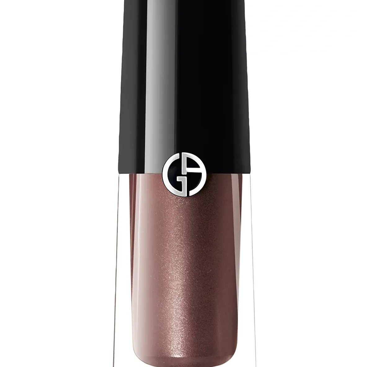 A tube of the Armani Beauty liquid eye shadow in chestnut, a shimmering chocolate brown, against a white background.