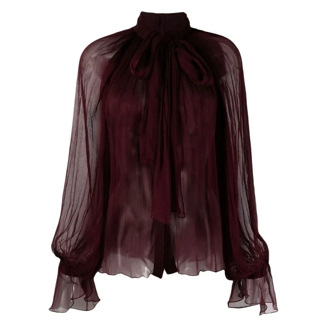Atu Body Couture Semi-Sheer Tie-Neck Blouse