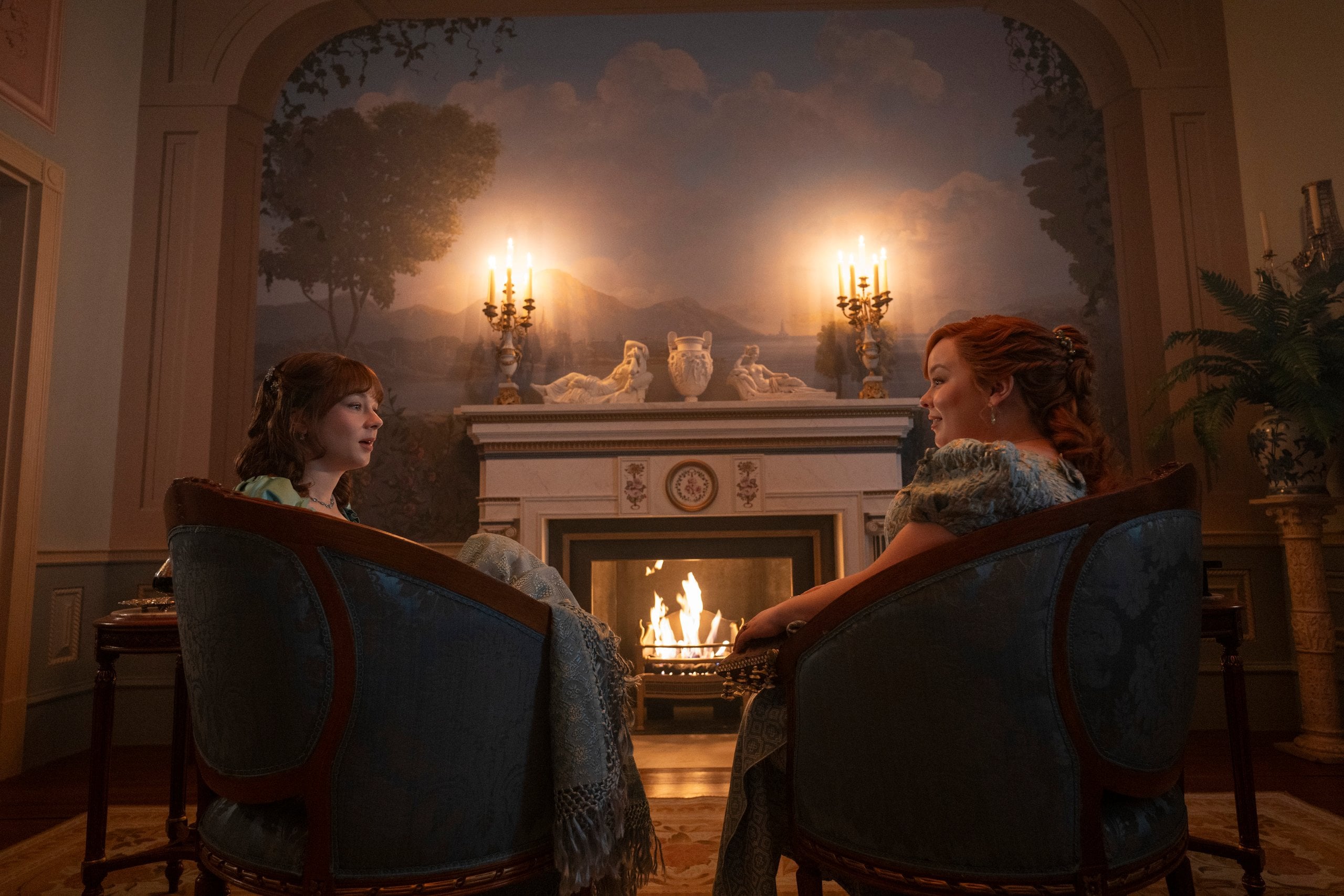 Claudia Jessie and Nicola Coughlan in "Bridgerton" season four.