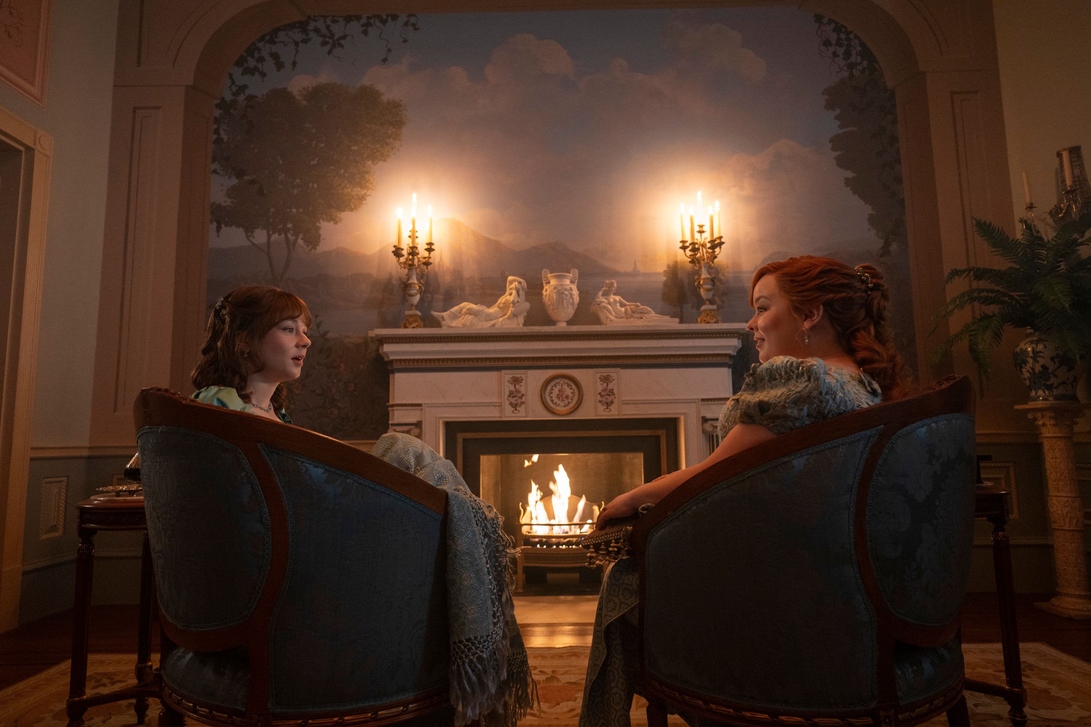 Claudia Jessie and Nicola Coughlan in "Bridgerton" season four.