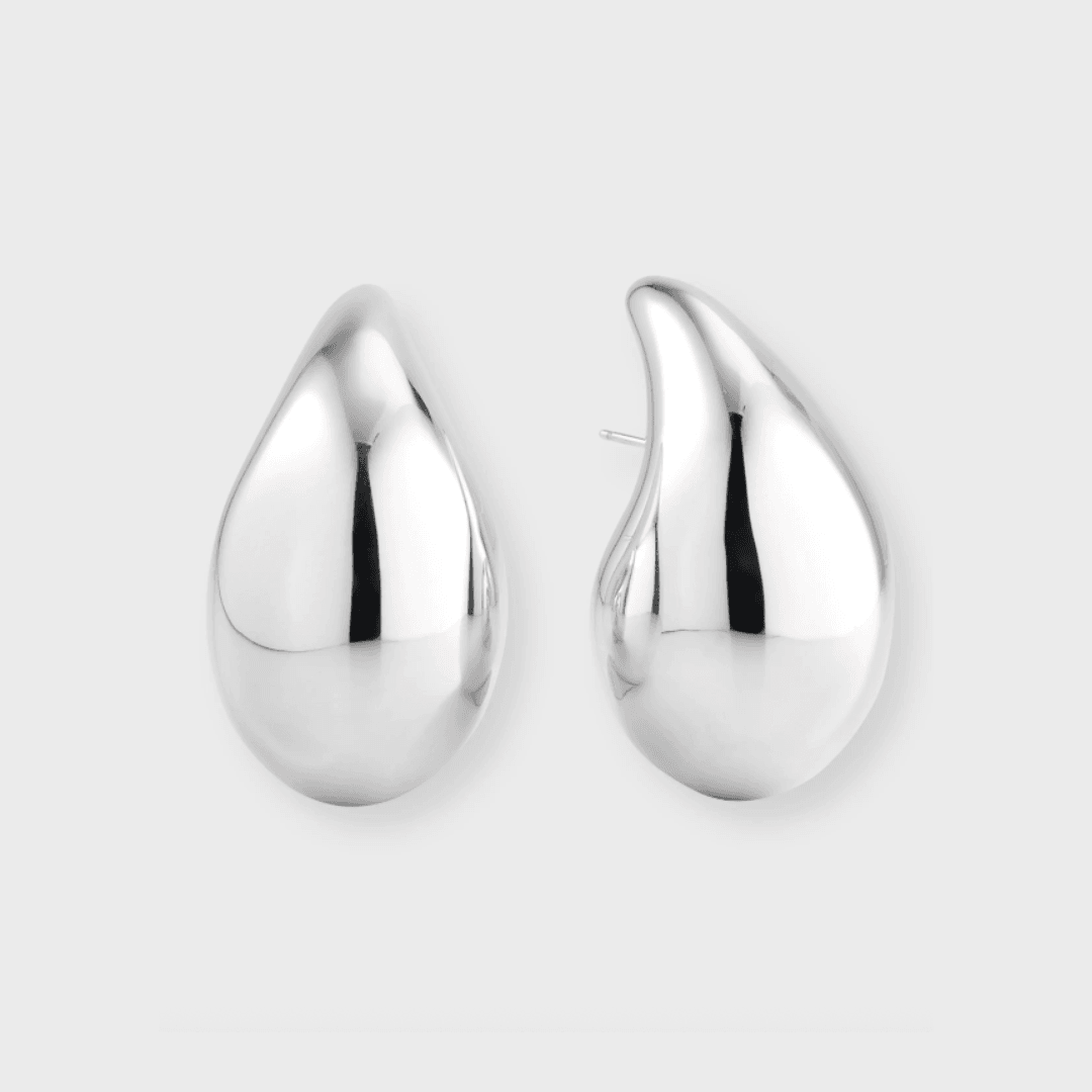 Silver Bottega Veneta Large Drop Earrings against a gray background