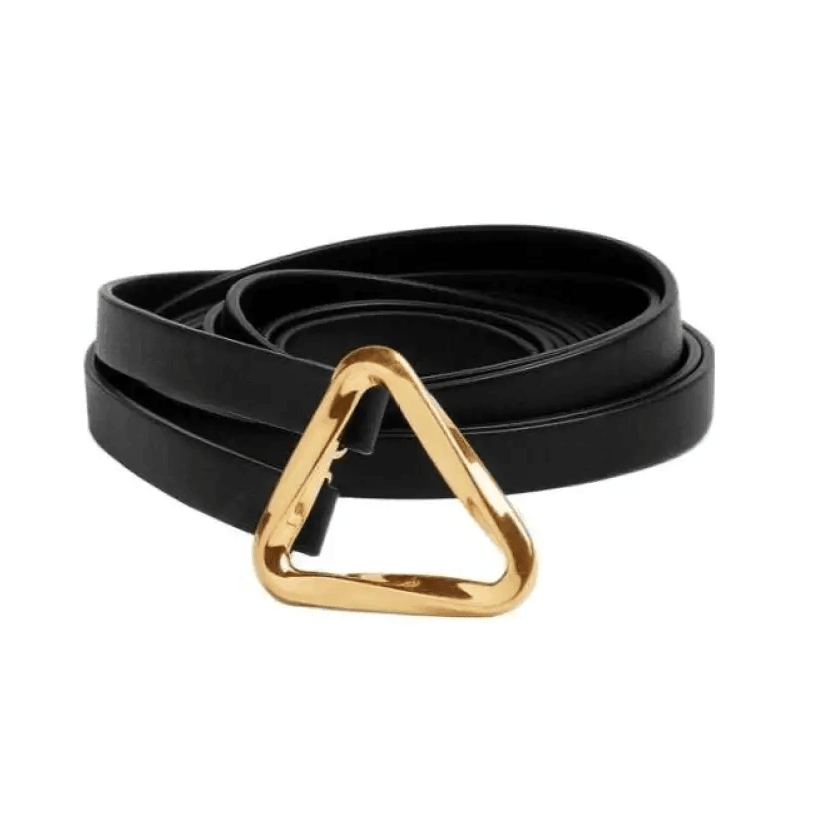 The Bottega Veneta Grasp Belt with a triangle-shaped gold buckle