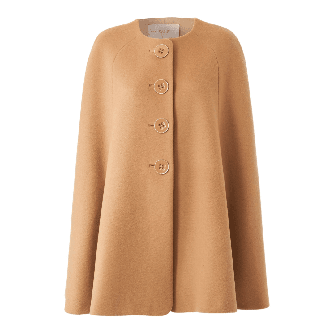 Carolina Herrera Wool Cape in a camel color against a white background