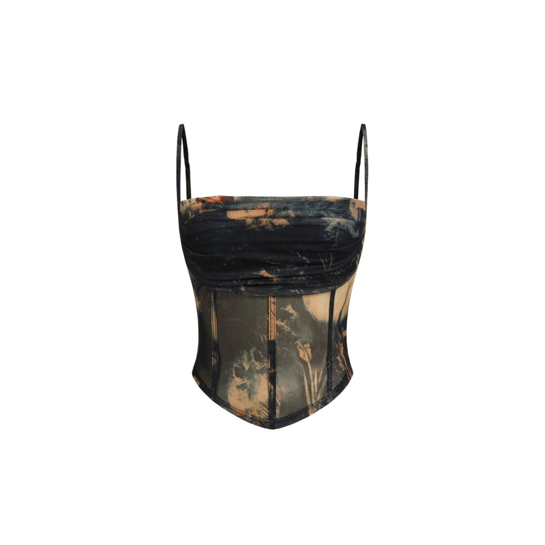 Cider Mesh Abstract Ruched Corset Crop Cami Top