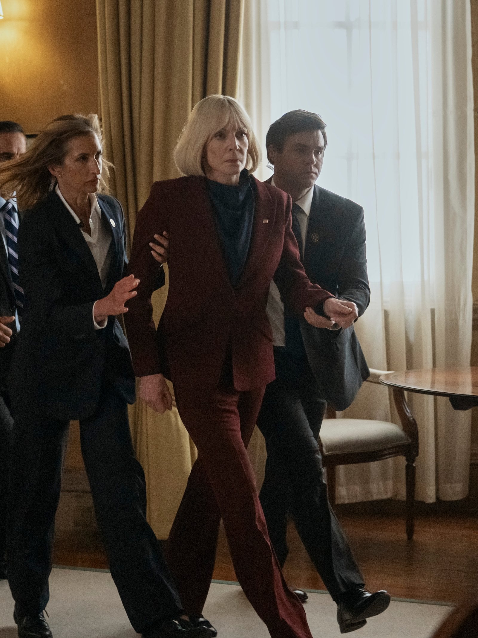 Rosaline Elbay as Nora, Alysia Reiner as Griffin, Allison Janney as Grace Penn in season three of "The Diplomat."