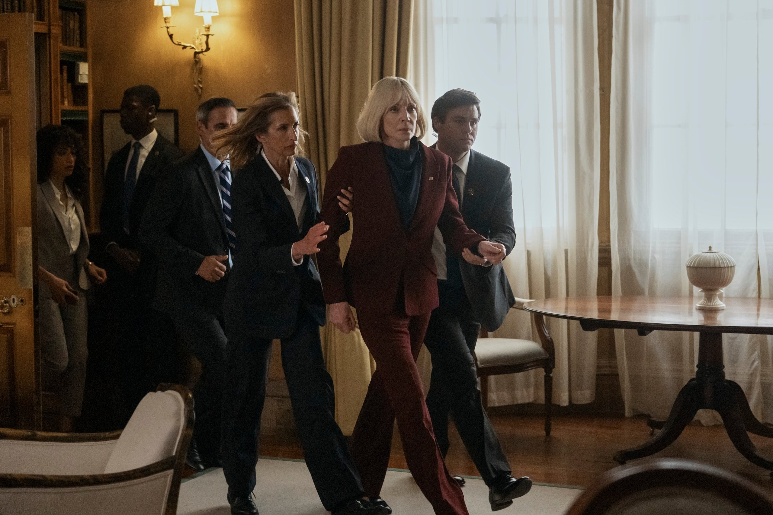Rosaline Elbay as Nora, Alysia Reiner as Griffin, Allison Janney as Grace Penn in season three of "The Diplomat."