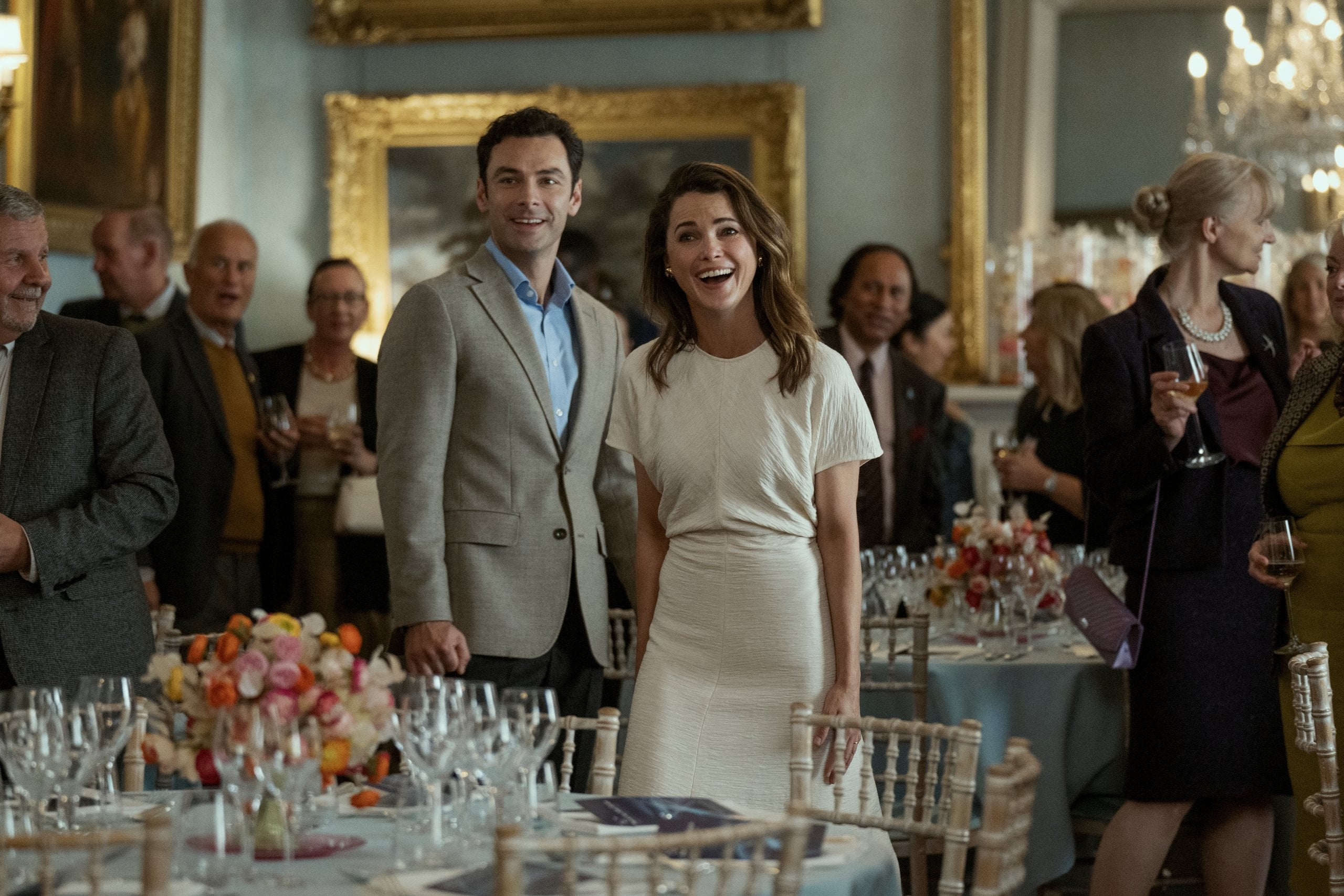 Aidan Turner as Callum Ellis and Keri Russell as Kate Wyler in season three of "The Diplomat."