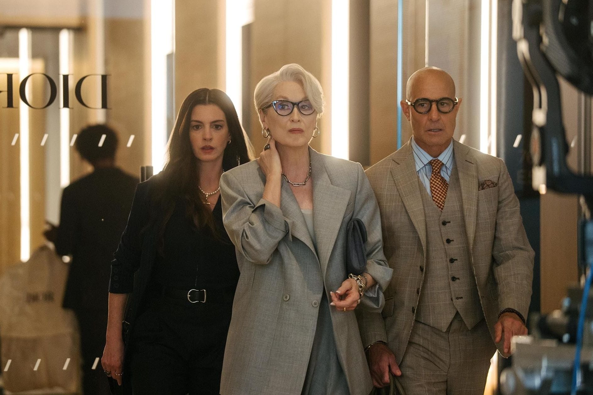 Anne Hathaway, Meryl Streep, and Stanley Tucci in "The Devil Wears Prada 2".