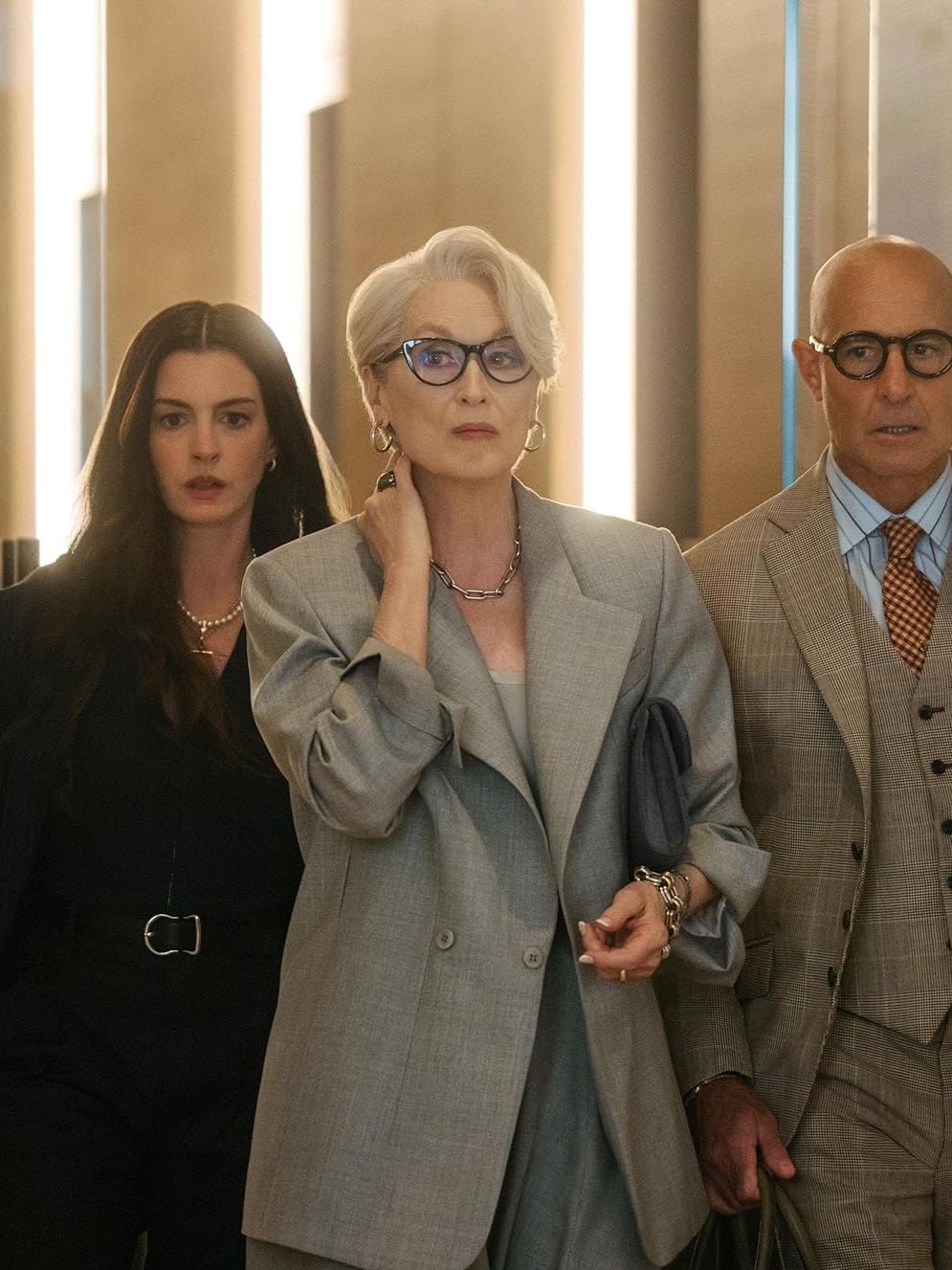 Anne Hathaway, Meryl Streep, and Stanley Tucci in "The Devil Wears Prada 2".