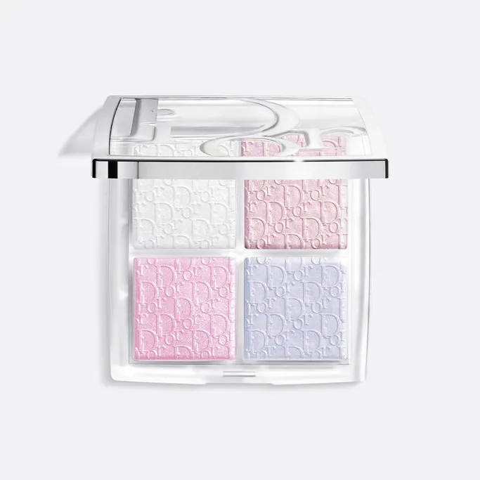 The Dior Backstage Glow Maximizer Palette—a four-pan highlighter palette with shimmery white, pale pink, rose, and lavender powders, against a white background