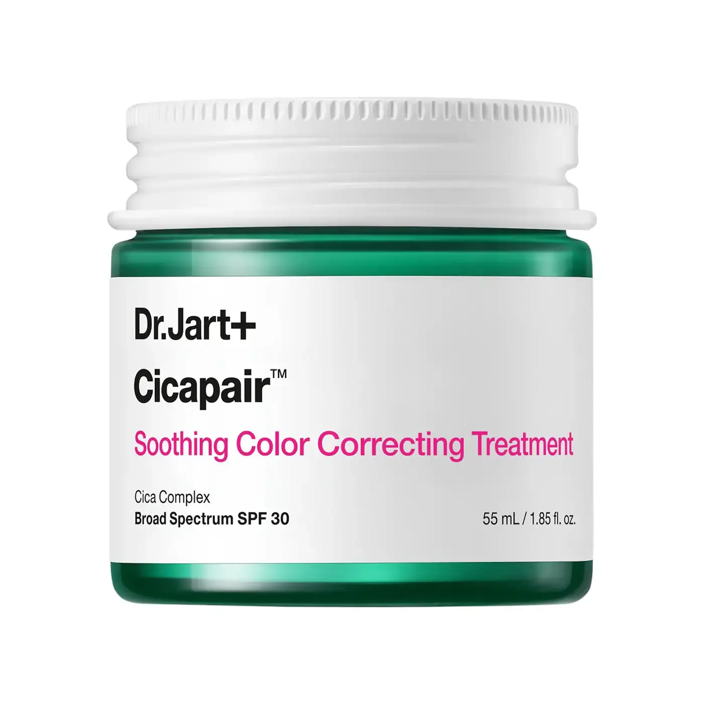 A closed jar of Dr. Jart+ Cicapair Soothing Color Correcting Treatment against a white background