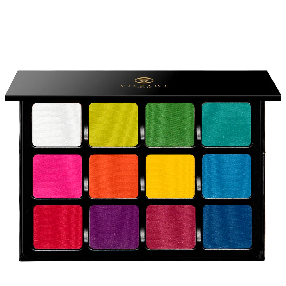 A palette of 12 colorful and bright eye shadow powders from Viseart, against a white background.