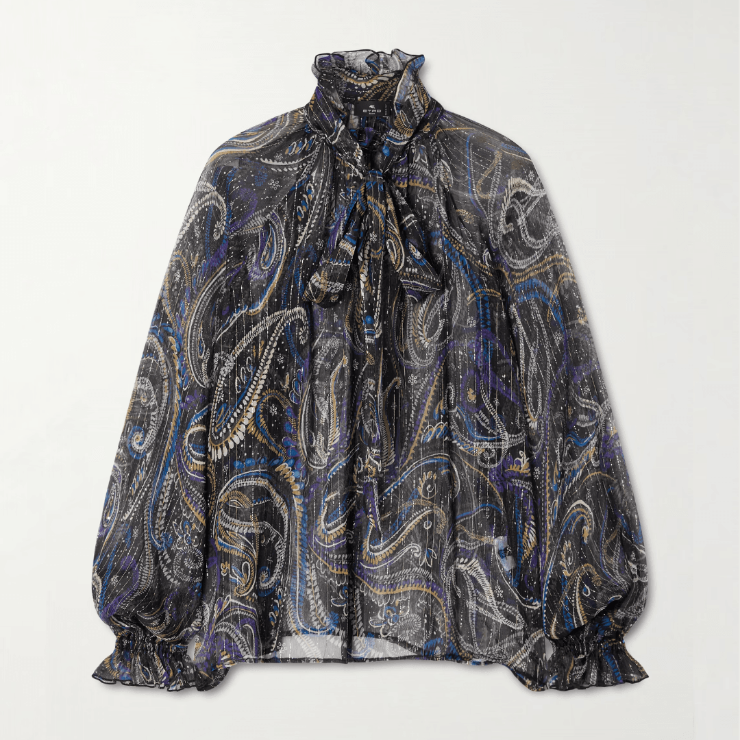 ETRO Pussy-bow printed metallic silk-crepon blouse