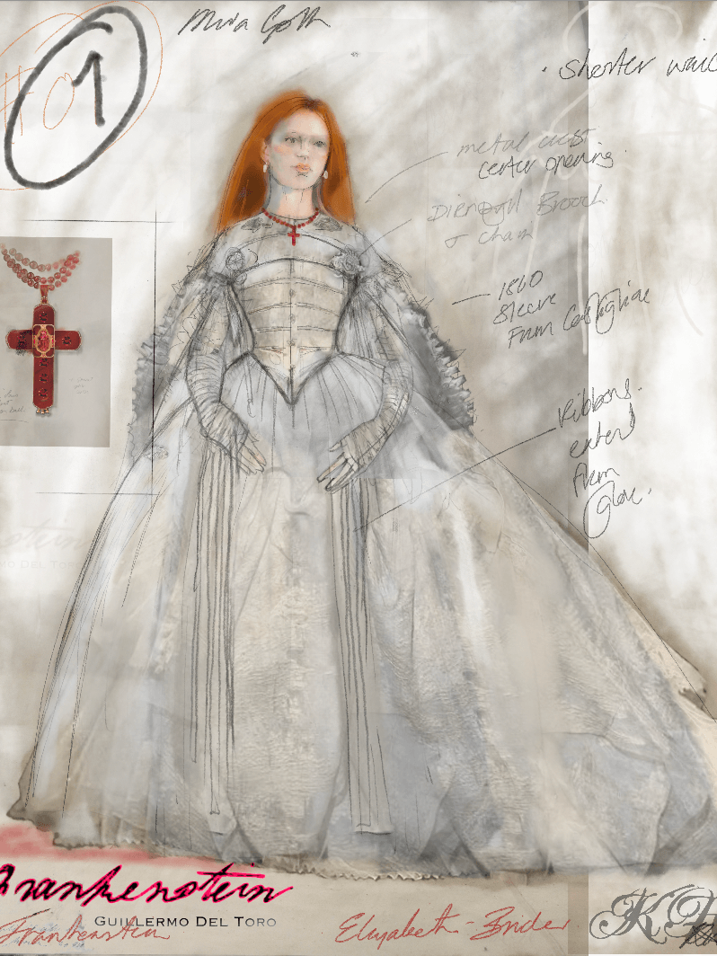 A paper sketch of Mia Goth's wedding dress in the film "Frankenstein" including notes from costume designer Kate Hawley.
