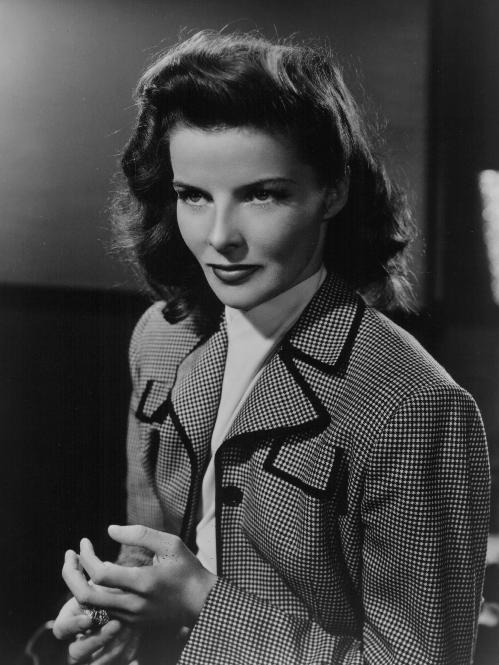 Black and white portrait of Katharine Hepburn.