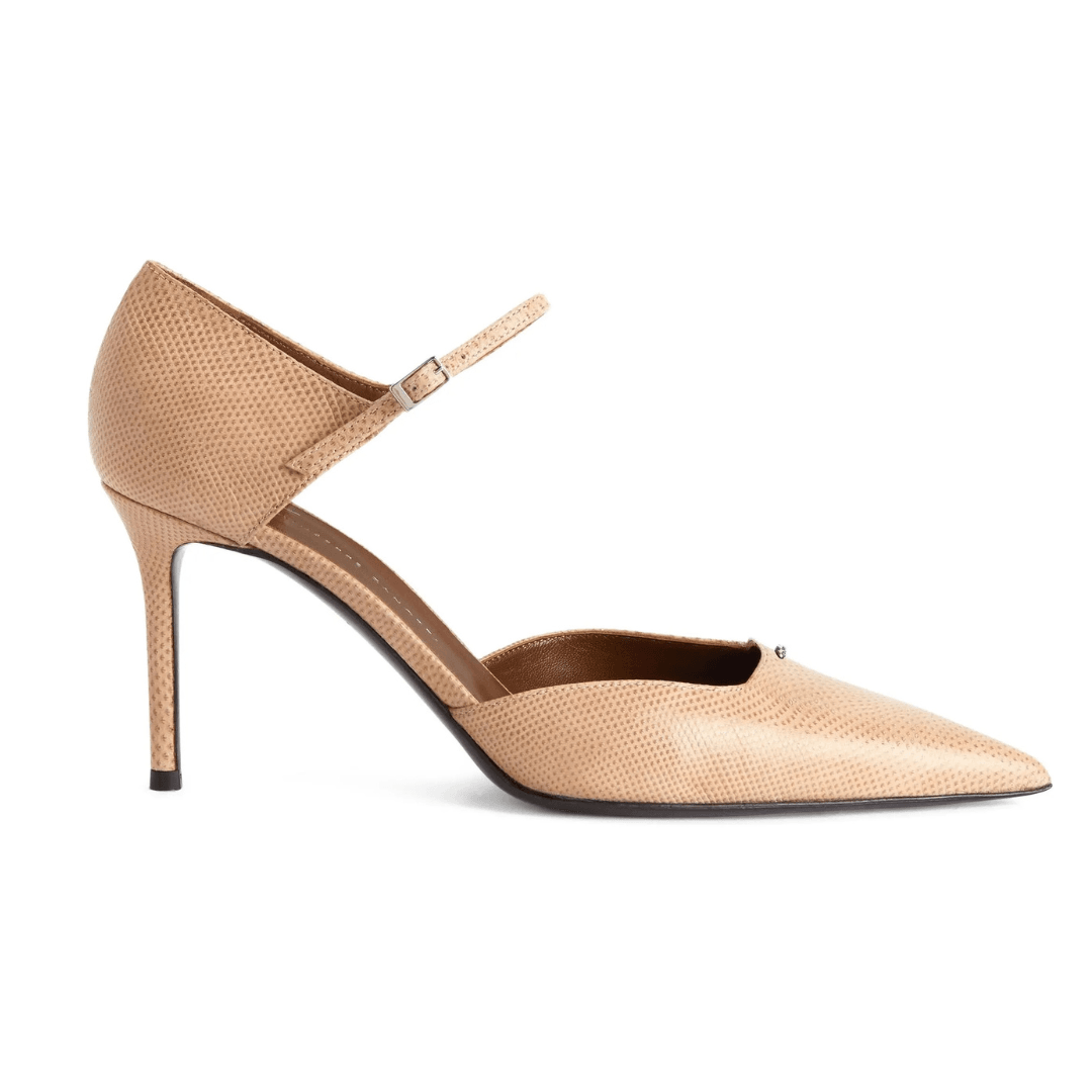 Giuseppe Zanotti 85mm Raquel D'Orsay pumps in a beige color against a white background