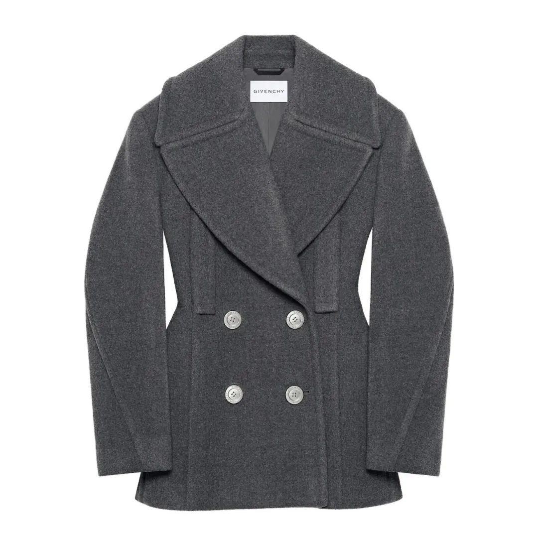 The Givenchy double-breasted balloon-sleeve jacket in gray against a white background