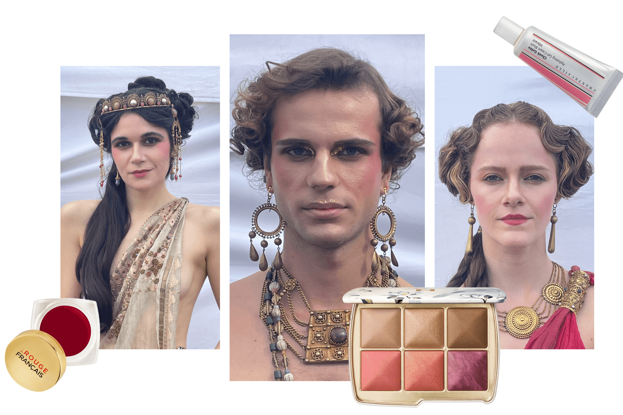 Three images of different party scene extras from Gladiator II, as well as the blush products used on them