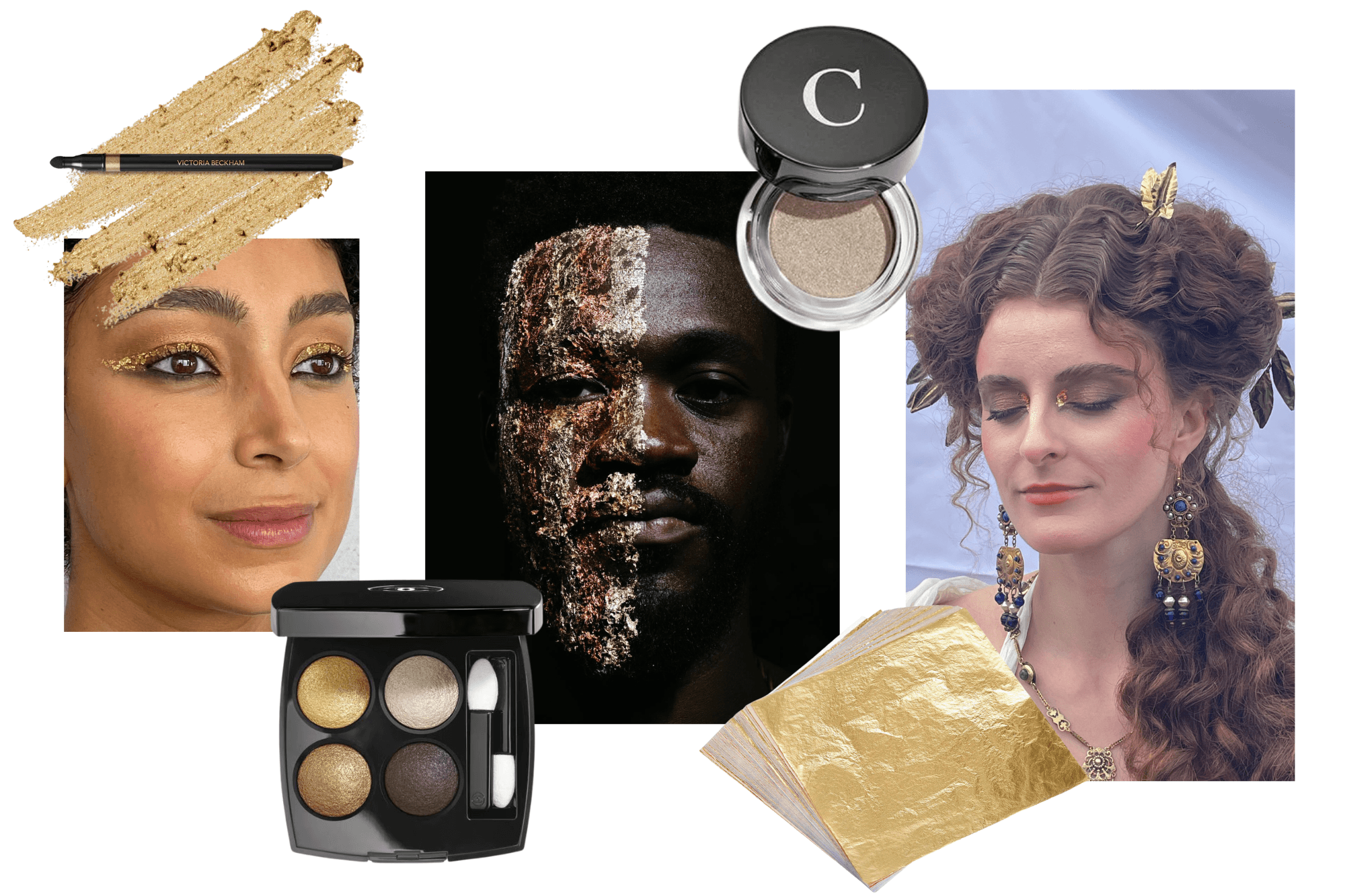 Three images of different party scene extras from Gladiator II, as well as the gold makeup products used on them