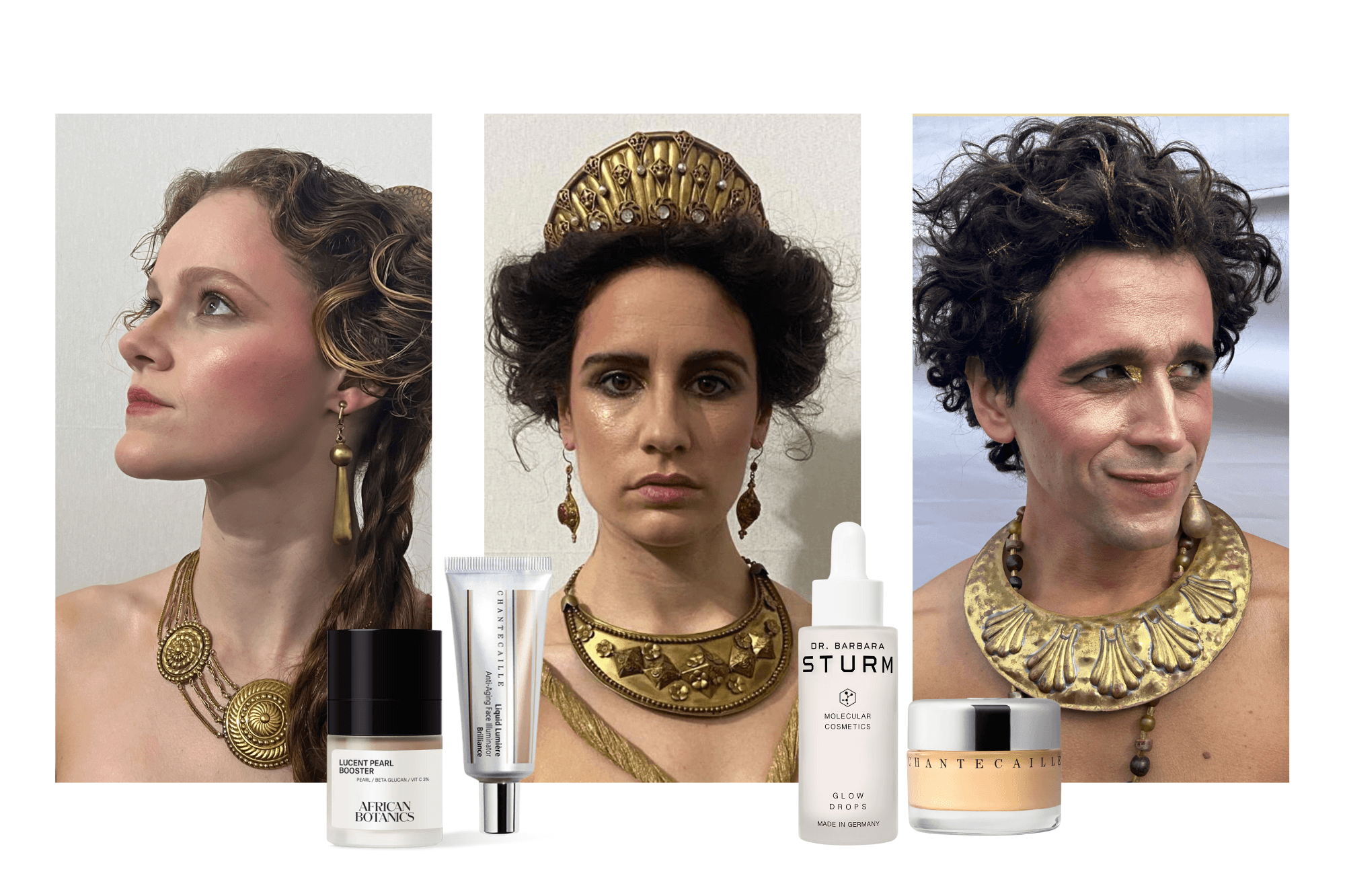 Three images of different party scene extras from Gladiator II, as well as the skin and complexion products used on them