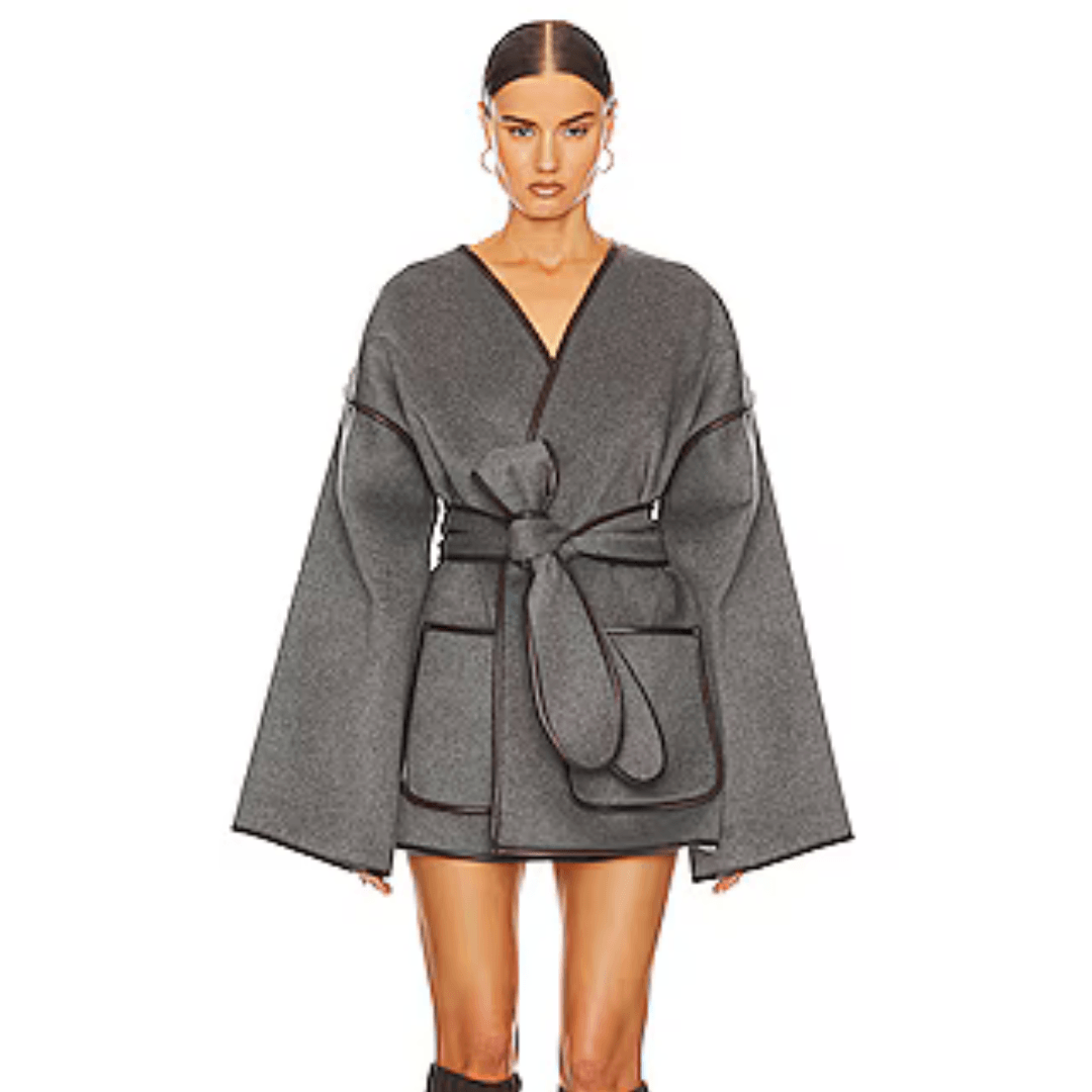 A models wears the gray Helsa Wool Blend Blanket Coat