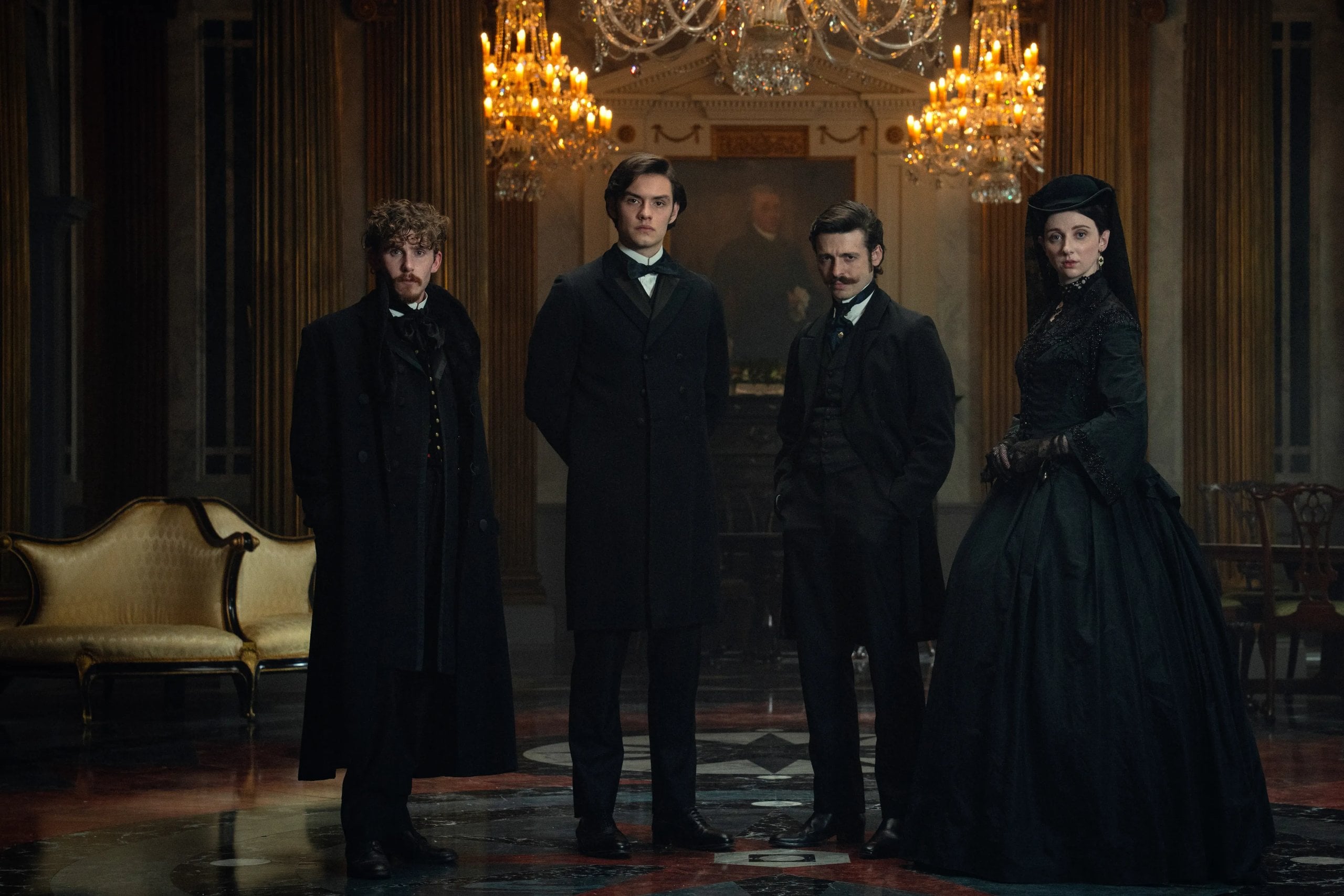 The four Guinness siblings portrayed by actors, stand in a grand foyer, in a still from the "House of Guinness."