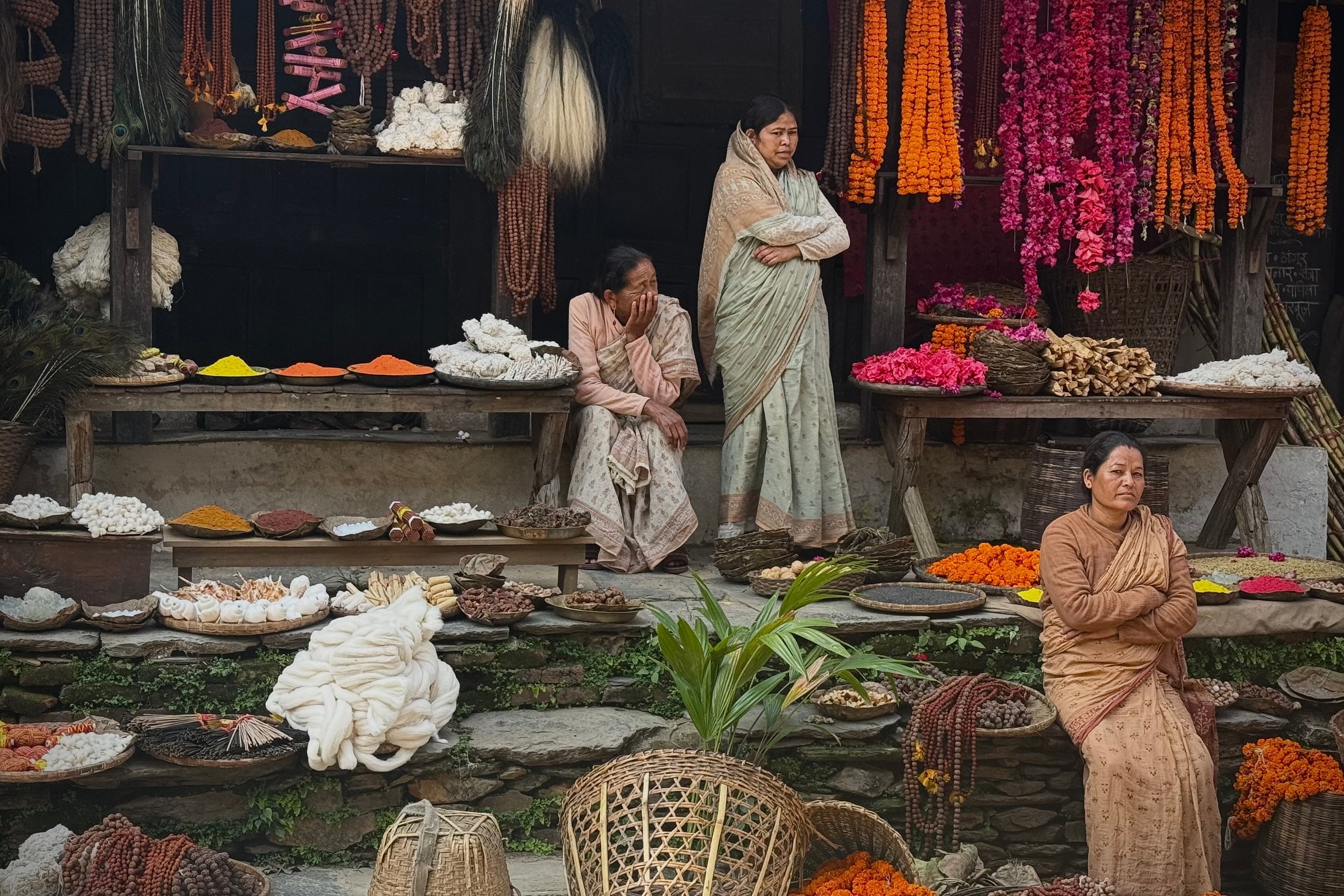 A market stall created in Bandipur, Nepal to represent a 1930s Darjeeling, India.