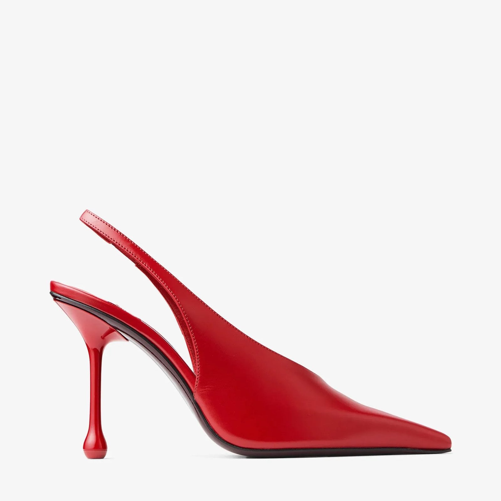 Jimmy Choo Isa 95 Ruby Red Leather Pumps with a slingback against a pale gray background.