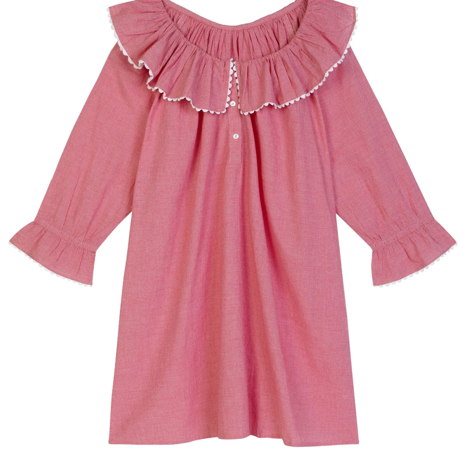 A red gingham frilly nightgown with a big collar against a white background