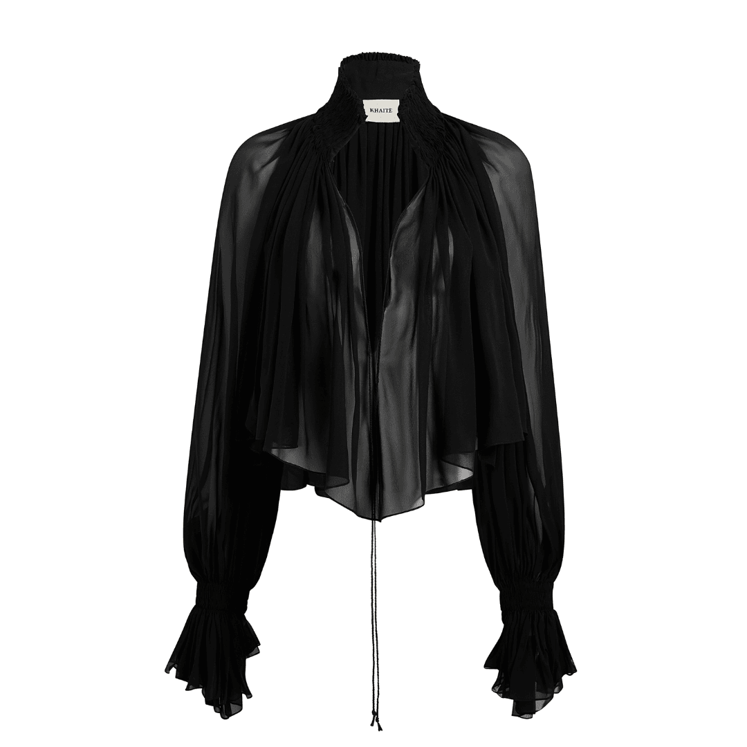 Khaite Durer Pleated Silk-Chiffon Top in black against a white background