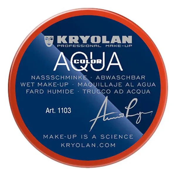 A tub of Kryolan Acquacolor, a makeup paint, againt a white background