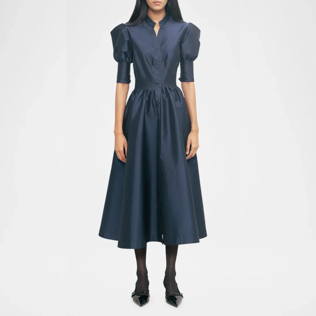 Lovebirds Pleated Puff-Sleeve Midi Shirtdress