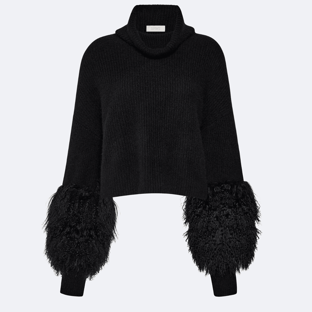 Lapointe Cashmere Turtleneck Sweater With Shearling against a pale gray background