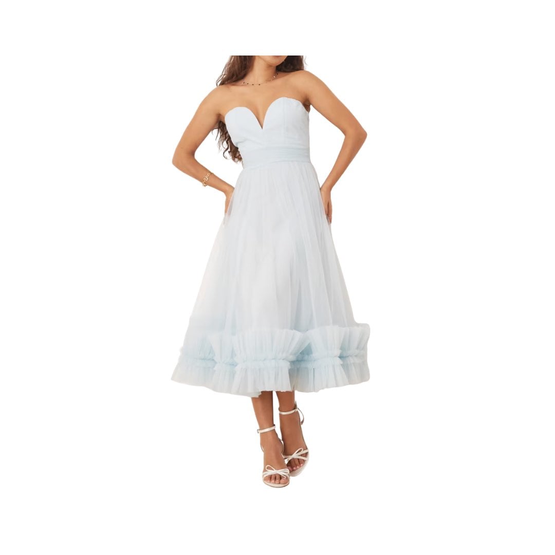 Lace & Beads Petite corset tulle ruffle hem midaxi dress in sky blue